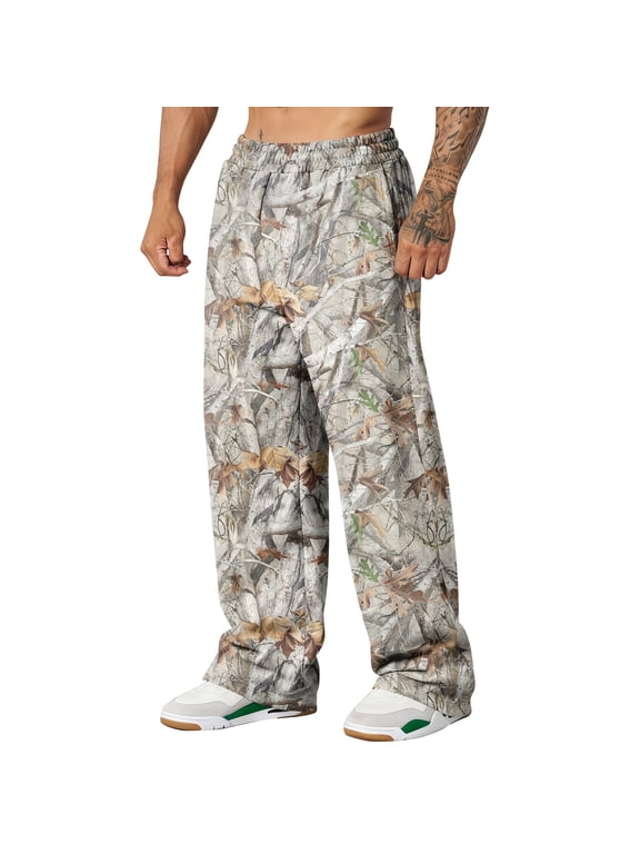 Cthrlog Mens Baggy Pants Casual Camo Print Streetwear Pants Joggers Workout Elastic Waist Wide Leg Pants Funny with Pockets Gray 024