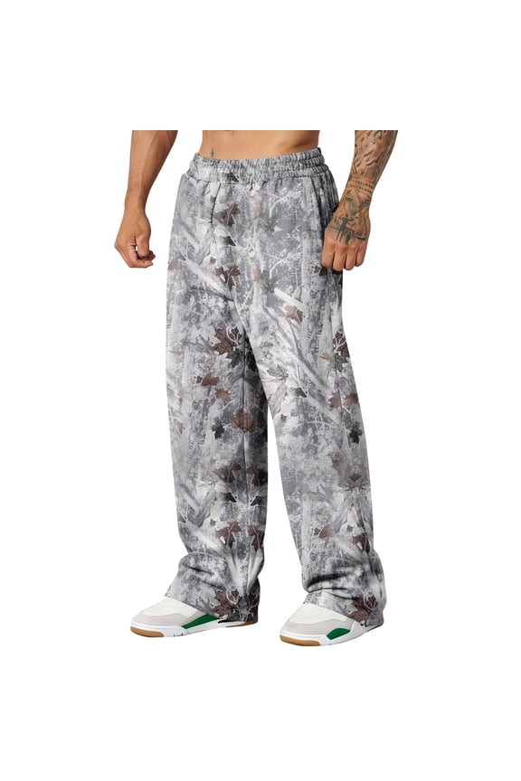Cthrlog Mens Camo Graphic Leaf Print Baggy Sweatpants Joggers Workout Elastic Waist Pants Casual Wide Leg Funny Streetwear Pants with Pockets Multicolor 005