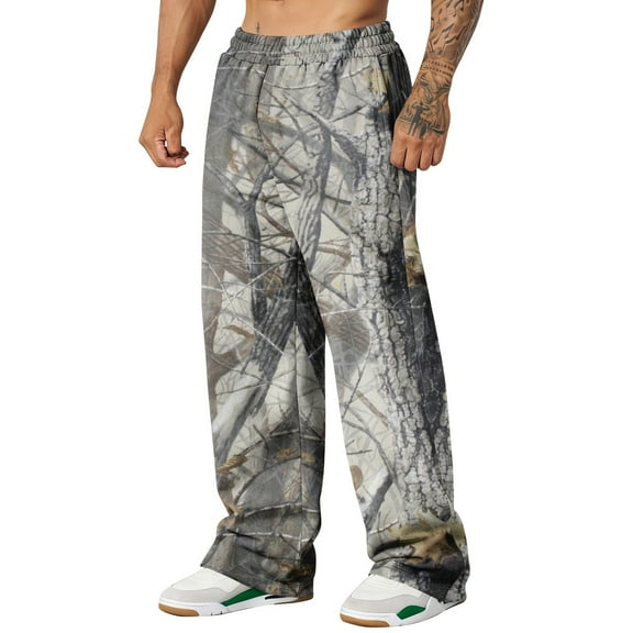 Cthrlog Mens Camo Graphic Leaf Print Baggy Sweatpants Workout Athletic Joggers Elastic Waist Pants Casual Wide Leg Y2k Streetwear Pants with Pockets Gray 007