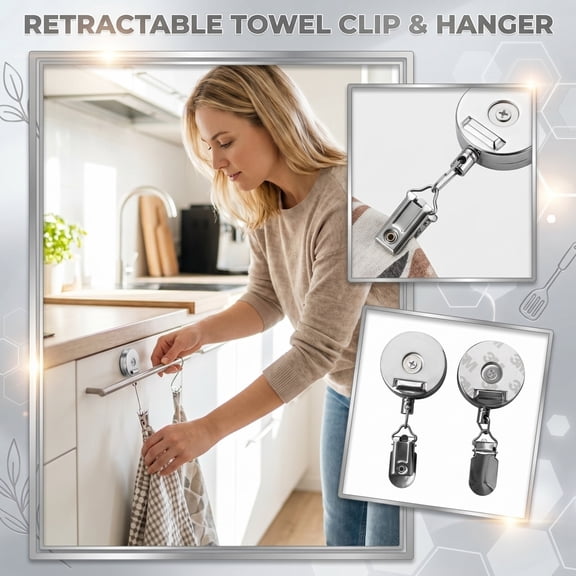 Cthrlog Multi functional metal telescopic clip, kitchen towel hanging rope, automatic rebound telescopic hook, no punching towel hook A