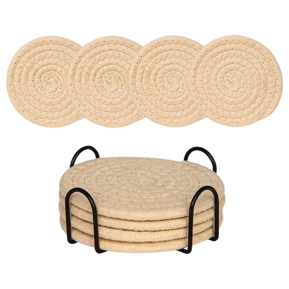 Cthrlog Woven Cotton Coasters for Coffee Table Decor Drink Coasters Heat Insulating Round Linen Placemat Kitchen Dining Room Home Decor Set H