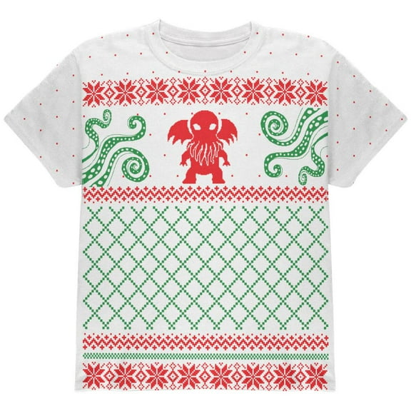 Cthulhu Lovecraft Dimensions Ugly Christmas Sweater All Over Youth T Shirt Multi YSM