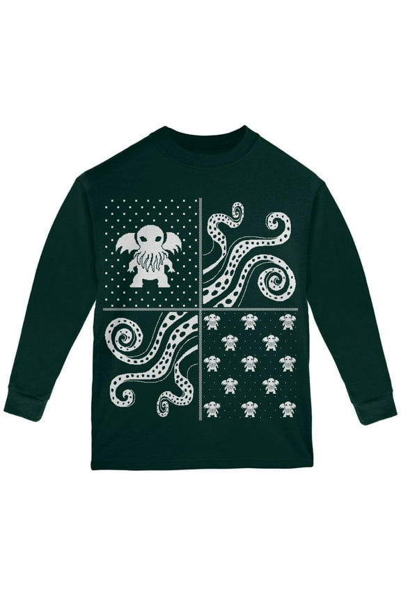 Cthulhu Lovecraft Dimensions Ugly XMAS Sweater Forest Youth Long Sleeve T-Shirt - Youth Small
