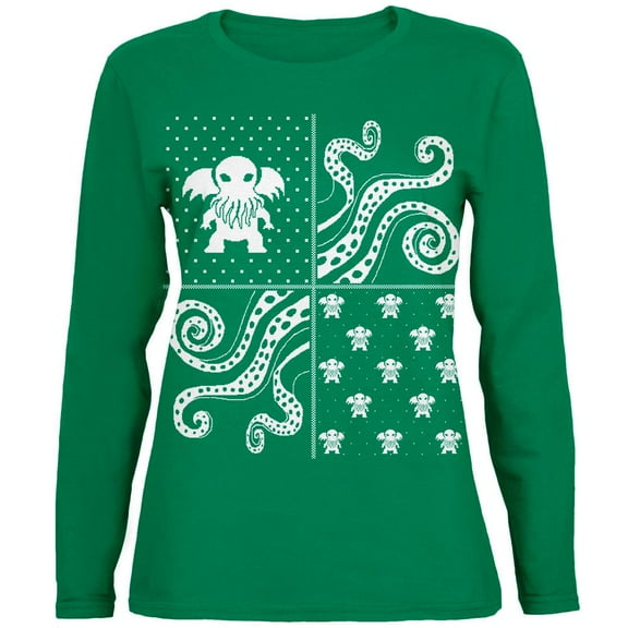 Cthulhu Lovecraft Dimensions Ugly XMAS Sweater Green Womens Long Sleeve T-Shirt - Small