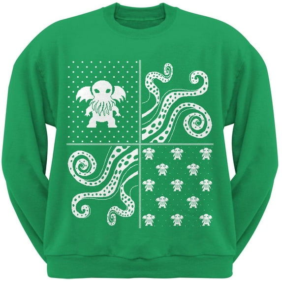 Cthulhu Lovecraft Ugly Christmas Sweater Green Adult Crew Neck Sweatshirt - 2X-Large