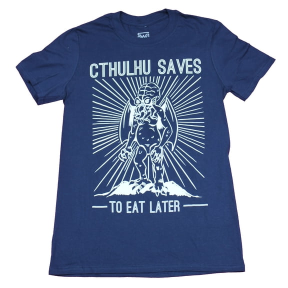 Cthulhu Mens T-Shirt - Cthulhu Saves to Eat Later Beaming Image (Small)