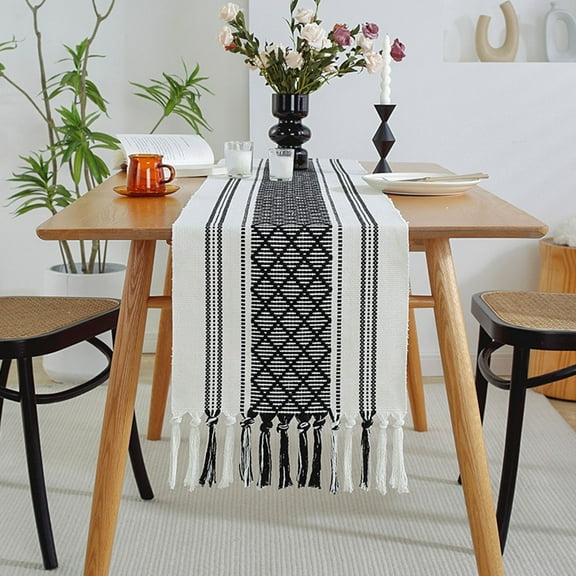 Ctnporpo Antependium Table Runner with Fringe Black & Woven Washable Console Tabletop Runner Dresser Scarf Farmhouse Extra Long Heavy Cotton Table Topper Cotton Tablecloth