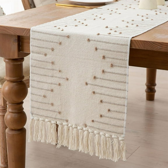 Ctnporpo Boho Table Runner 13 X 90 Inch Long Natural Cotton Woven Runner with Tassels for Home Dining Table Décor for Modern Farmhouse Decor Coffee Table Runner Taupe and Beige Cotton Tablecloth Wat
