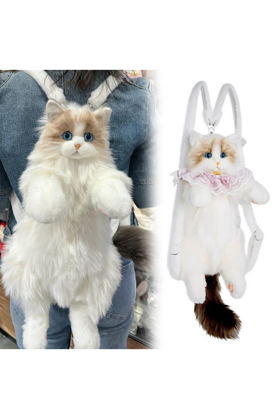 Cute Cow Cat Backpack Plush Bag Realistic Stuffed Animals Cat Backpack Adjustable Strap ( Plush Cat Backpack Stuffed Animal Bag