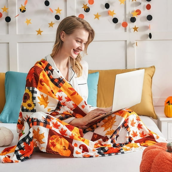 Ctnporpo Fall Pumpkin Blanket Halloween Pumpkin Autumn Plush Fall Decor Fleece Fuzzy Picnic Throw Blanket for Couch Sofa Chairs Cute Holiday Orange Blankets and Throws for Home Wool Blanket Cotton B