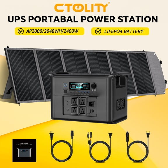 Ctolity 2400W Portable Power Station With 200W Solar Panel,2048Wh Solar Generator Backup LiFePO4 Battery for Outdoor Camping