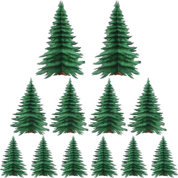 Ctosree 12 Pcs Summer Camping Tree Centerpieces 3D Pine Decor 3 Size for Jointed Cutouts Stand up Decorations Snow Forest Decor, Office Table Decoration
