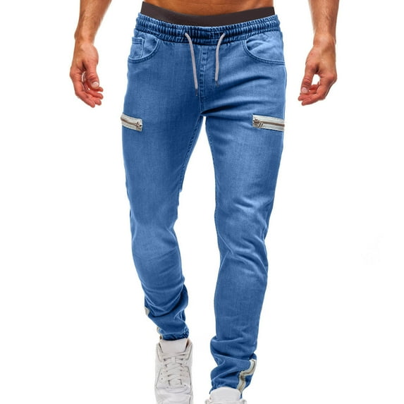 Ctreela Men's Denim Jogger Pants Skinny Stretch Zipper Elastic Waist Drawstring Cargo Jeans Slim Fit Hip Hop Streetwear