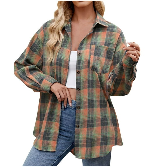 Ctreela Oversized Flannels Plaid Shirts for Women Classic Buffalo Plaid Long Sleeve Button Down Shirts Loose Fit Boyfriend Blouse Tops