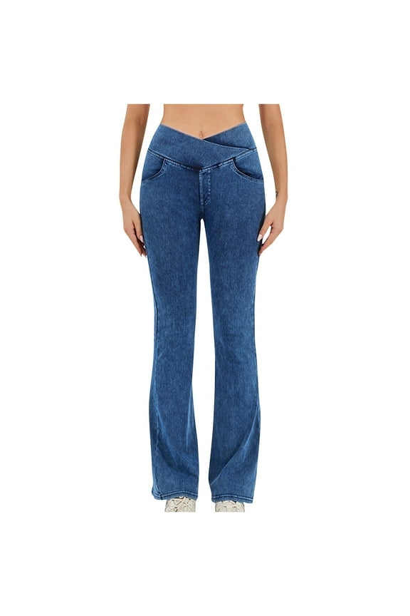Pull On Flare Jeans for Women Crossover High Waisted Bell Bottom Demin Pants Trendy Stretchy Yoga Flare Leggings with Pockets