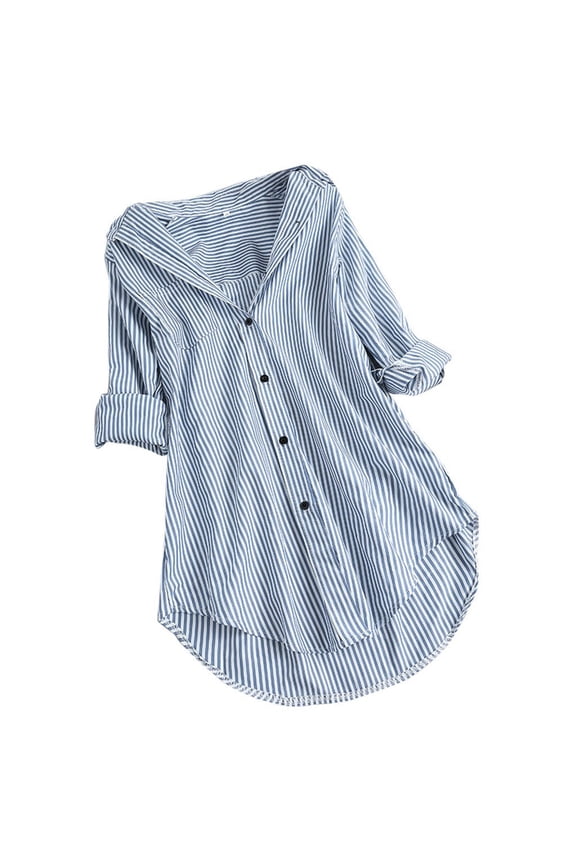 Women Striped Button Down Shirts Roll Up Long Sleeve Blouse Collared Summer Tunic Tops Ladies Beach Vacation Outfits