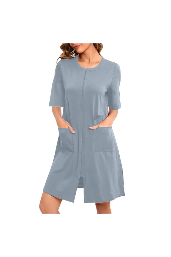 Women Zipper Front House Coat Half Sleeves Robe Zip up Bathrobes Baggy Summer Fall Short Nightgown with Pockets S-2XL