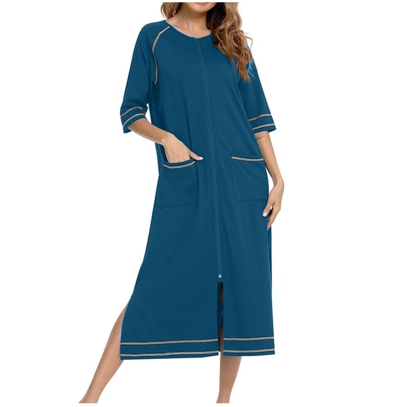 Ctreela Women Zipper Front Robe 3/4 Sleeves Loungewear Dress Calf Length Sleepwear Pockets Housecoat Nightgown Long Bathrobe