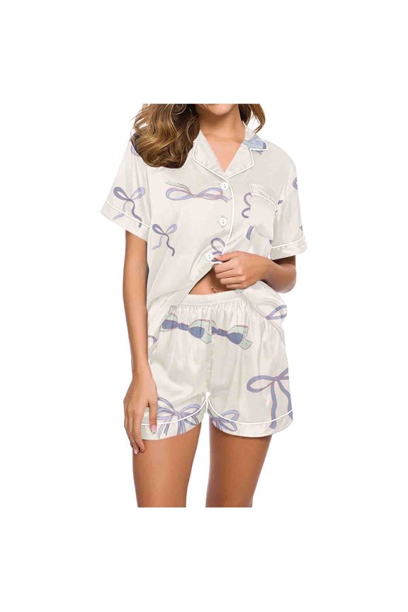 Women's Bow Tie Print 2 Piece Pajama Set Notch Collar Short Sleeve Button Down Tee Top and Shorts Lounge Wear