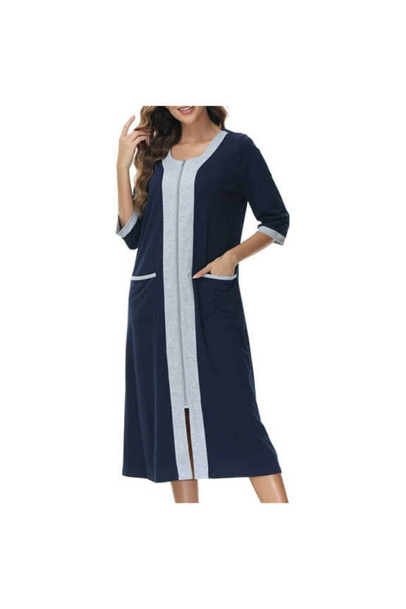 Women's Loose Fit Zipper Robe 3/4 Sleeve Housecoats Full Length House Dress Nightgown Long Duster Lounger with Pockets