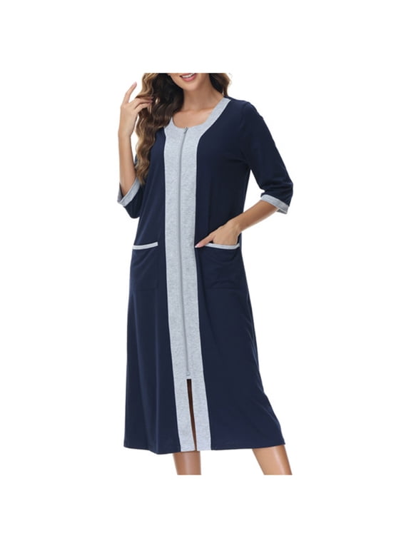 Women's Loose Fit Zipper Robe 3/4 Sleeve Housecoats Full Length House Dress Nightgown Long Duster Lounger with Pockets