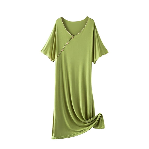 Ctreela Women’s Nightgowns Soft Cotton Nightdress Short Sleeve Night Shirt Sleepwear Slim Solid Color Long Pajama Dress