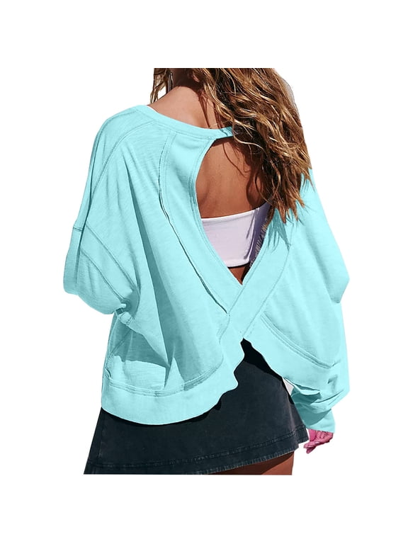 Womens Open Back Sweatshirts Long Sleeve Backless Cut Out Loose Pullover Shirts Fall Crewneck Workout Tops