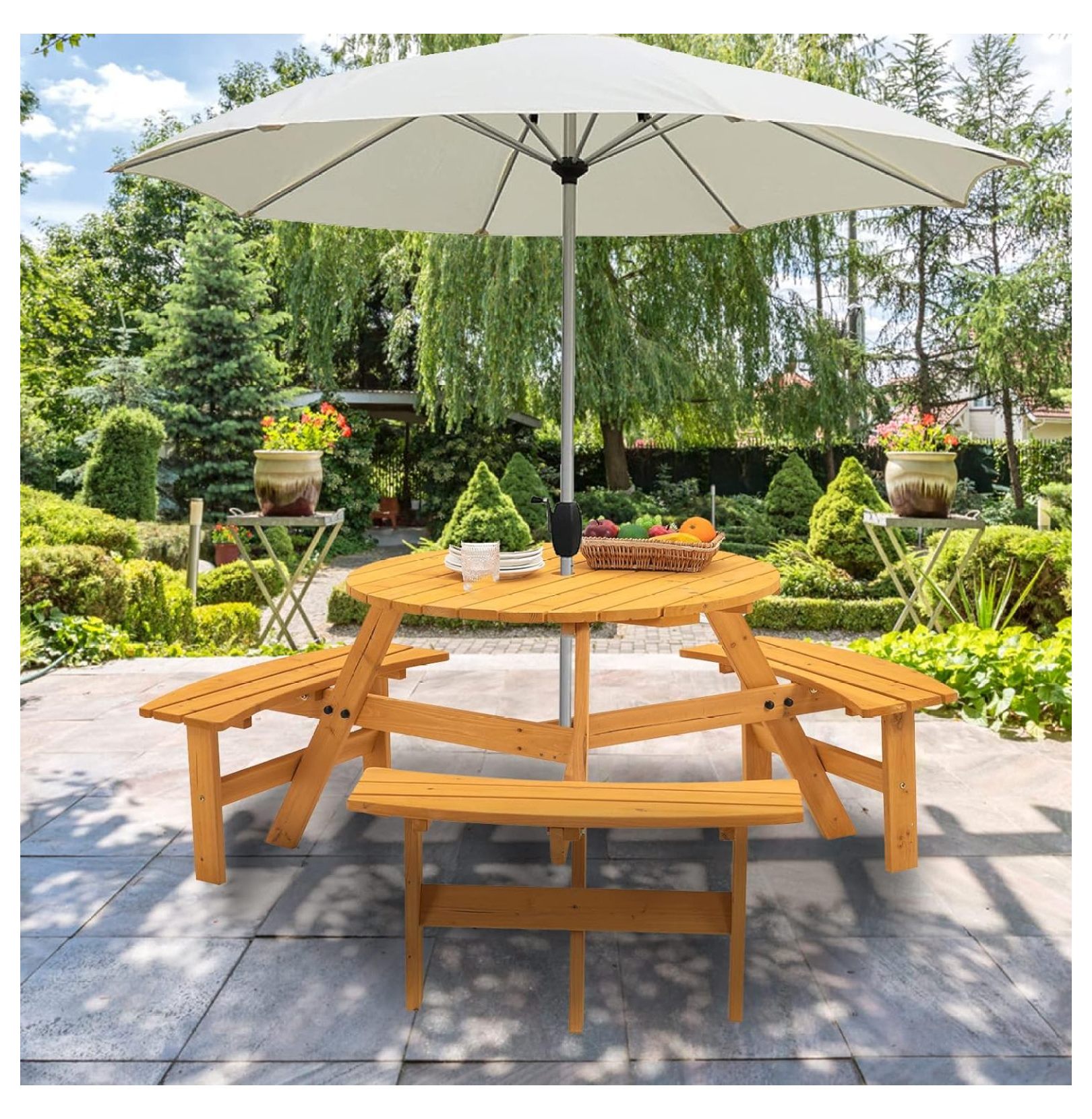 CuYeHt 6 Person Wood Picnic Table, Outdoor Round Picnic Table with 3 ...