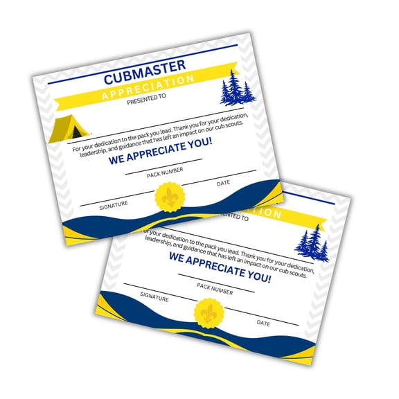 Cub Master Appreciation Certificate 30pk 8.5x11 Award Recognition Participation Rank Advancement Ceremony Tracker Sheet Camp