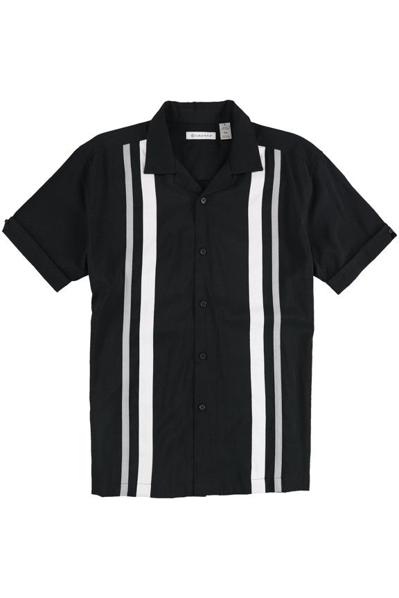 Mens Camp Collar Retro Panel Button Up Shirt, Black, Small
