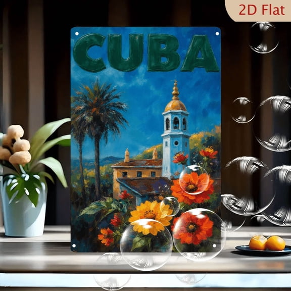 Cuba Colonial Church Tower and Palm Tree Art, 8x12 Inch Metal Wall Decor with Vibrant Tropical Flowers and Blue Sky, Vintage Cuban Landscape Painting for Home Office Living Room