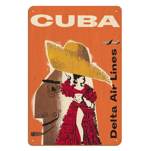 Cuba - Delta Air Lines - Cuban Dancer - Douglas DC-7 - Vintage Airline Travel Poster by William G. Slattery c.1957 - 8 x 12 inch Vintage Wood Art Sign