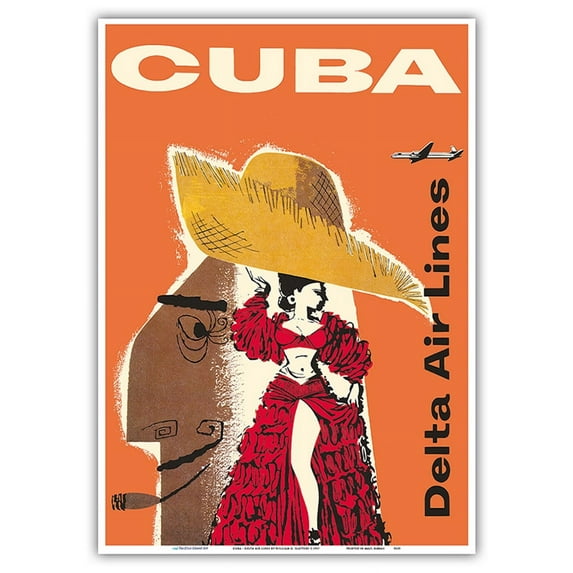 Cuba - Delta Air Lines - Cuban Dancer - Douglas DC-7 - Vintage Airline Travel Poster by William G. Slattery c.1957 - Master Art Print 10in x 14in