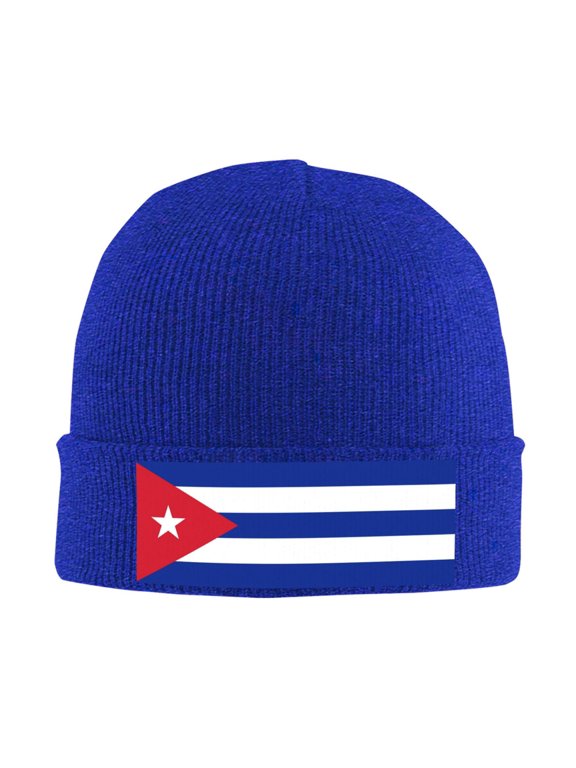 Cuba Flag Winter Beanie Hats for Men Women Warm Cozy Knitted Cuffed Skull Cap Blue