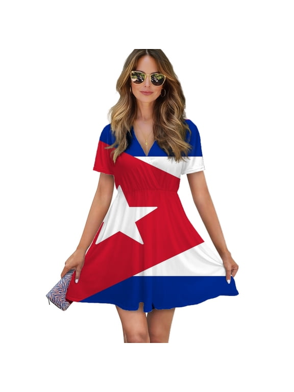 Cuba Flag Women Dress V-Neck Short Sleeve Flowy Swing Party Midi Dress