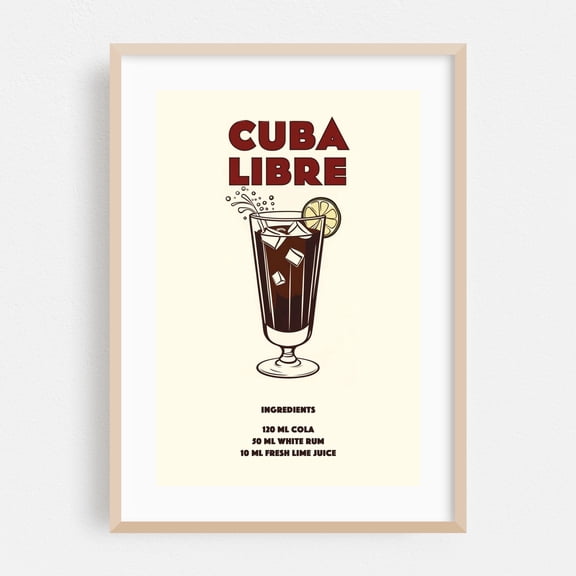 Cuba Libre - Cuba Illustration Cocktail Vintage Poster Typography Bar Kitchen Decor Retro Summer Oak Framed Wall Art Print 16 x 24 inches