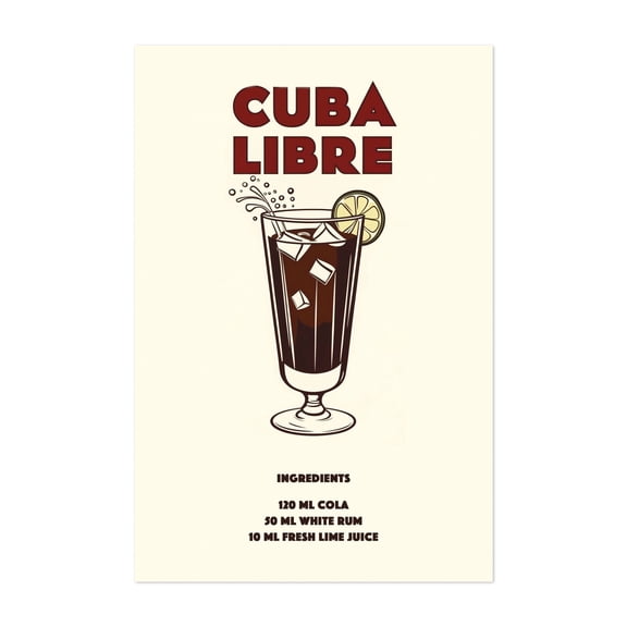 Cuba Libre - Cuba Illustration Cocktail Vintage Poster Typography Bar Kitchen Decor Retro Summer Unframed Wall Art Print 24 x 36 inches