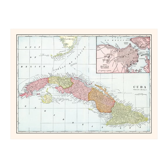Cuba Map, 1901 Vintage Map of Cuba History Wall Decor Gift, Old Cuba Map - 36" x 24" Unframed Print