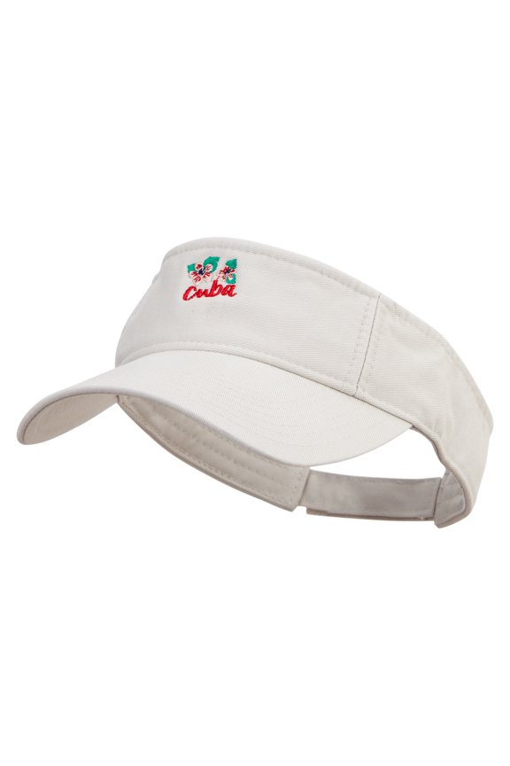 Cuba Sign with Flowers Embroidered Prostyle Cotton Twill Washed Visor - Stone OSFM