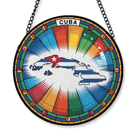 Cuba Travel Decor Suncatcher Stained Glass Window Hanging, Gift for Traveller, Collection of Country Travel Souvenirs for Family and Friends, Cuba Map and Flag Décor