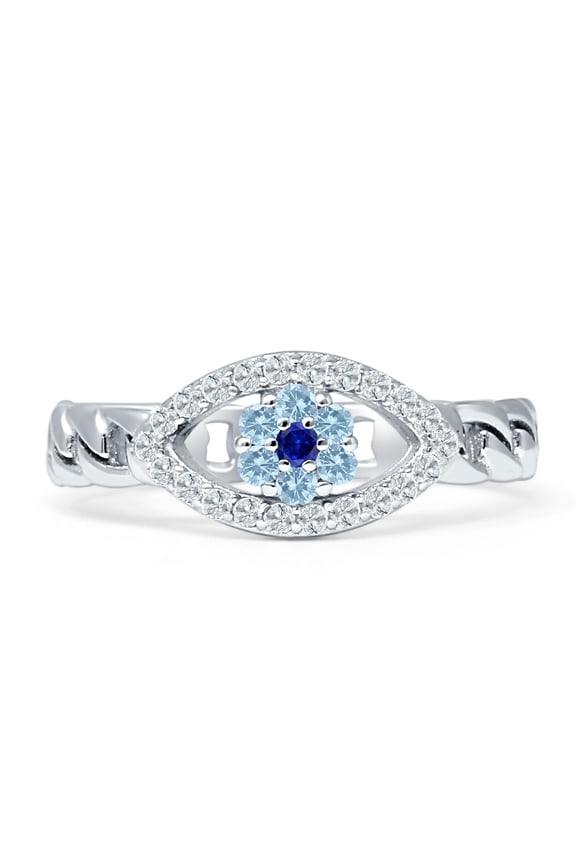 Cuban Chain Evil Eye Ring Cubic Zirconia & Blue CZ 925 Sterling Silver Size 7