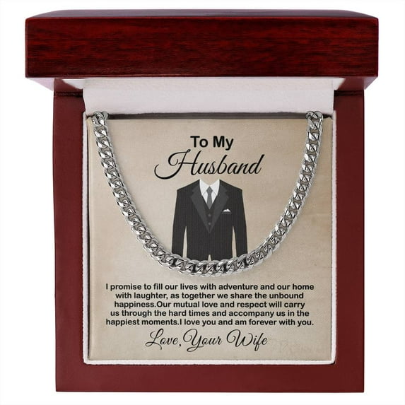 Cuban Chain Gift For Husband, Cuban Link Chain, Stainless Steel or Yellow Gold, Message Card & Gift Box