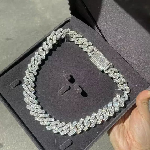 Cuban Chain Lab Created Round-Cut Diamond Tow Line Cuban Link Chain For Men 14k White Gold Plated 925 Sterling Silver