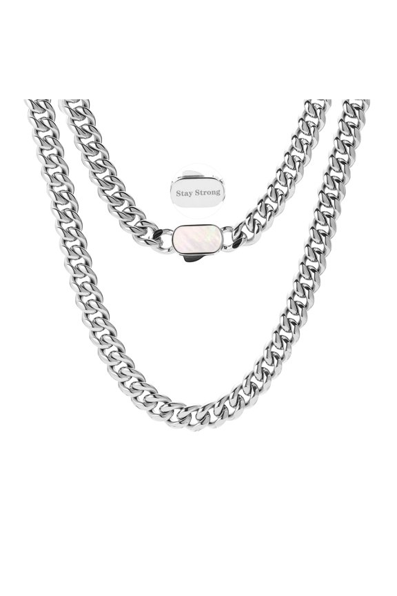 Cuban Chain Necklace for Men – Hip Hop Street Style Jewelry, 18K Gold/Silver Plated Stainless Steel, Shell Clasp with “Stay Strong” Engraving, 8mm, 18-26 Inch