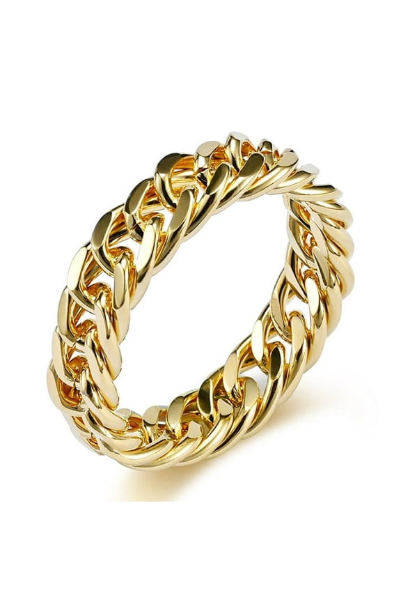 Cuban Chain Women Ring,6mm 14K Yellow Gold Metal Wedding Band, Chic Punk Gothic Mechanical Curb Link Finger Jewelry