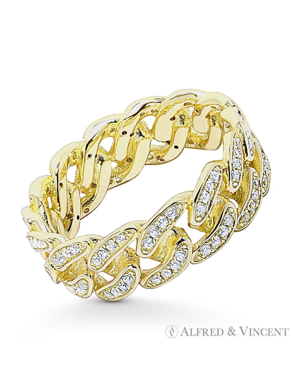 Cuban / Curb Link Cubic Zirconia CZ Crystal Pave Eternity Chain Ring in .925 Sterling Silver w/ 14k Yellow Gold