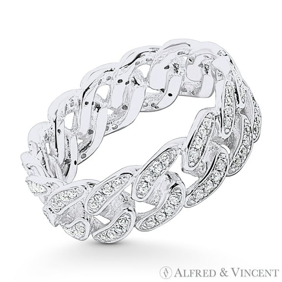 Cuban / Curb Link Cubic Zirconia CZ Crystal Pave Eternity Chain Ring in .925 Sterling Silver w/ Rhodium