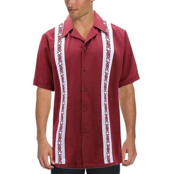 Cuban Guayabera Men's Dress Shirt Beach Wedding Short Sleeve Button-up Casual Burgundy/White 2XL