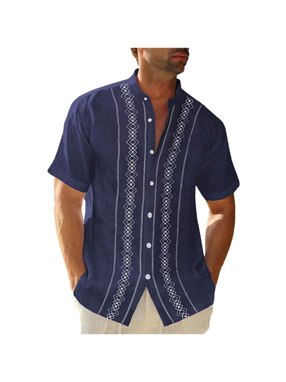 Cuban Guayabera Shirts for Men Short Sleeve Casual Button Down Shirt Collar Beach Camp Mexican Tops