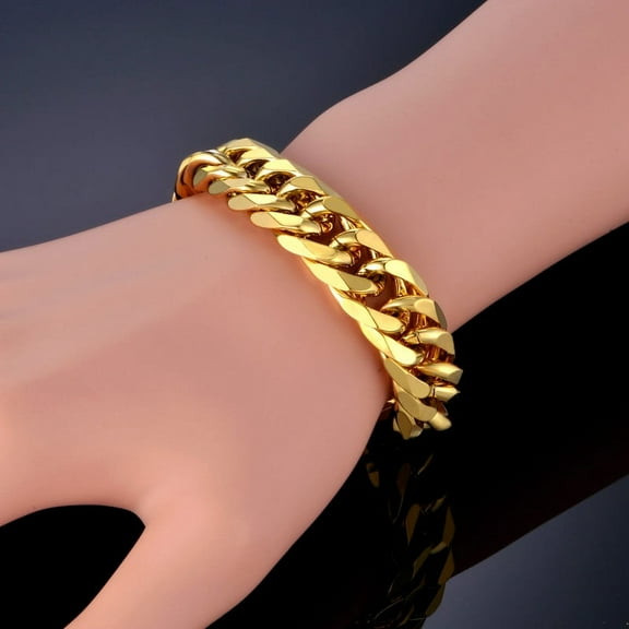 Cuban Link Bracelet For Men Jewelry Punk Gold Color Heavy Big Chain Link Men 14K Yellow Gold Bracelet Pulseras